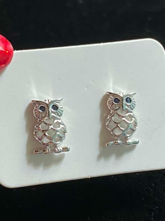 Jewelry - .925 Sterling Silver Natural Blue Sapphire Owl Earrings